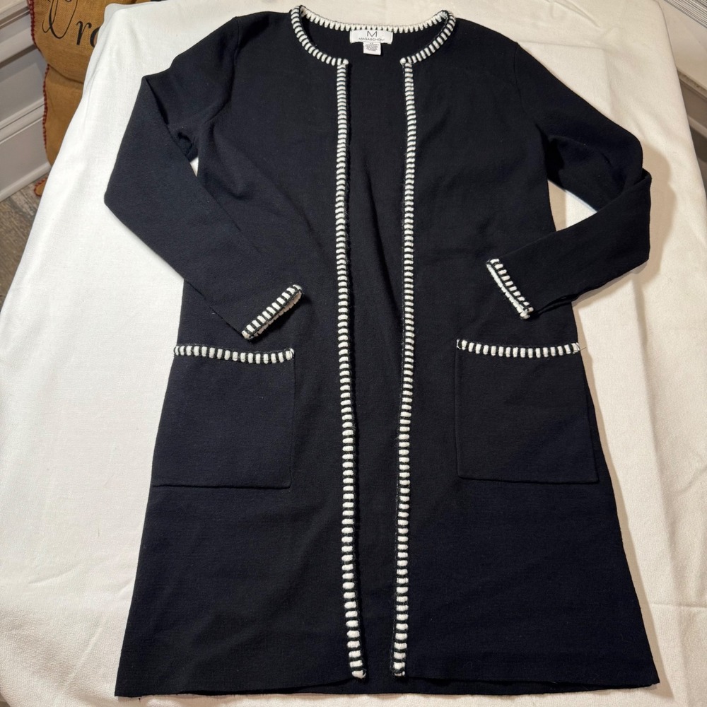MAGASCHONI Black Knit Open Front Long Cardigan Sweater With‎ White Trim XS EUC
